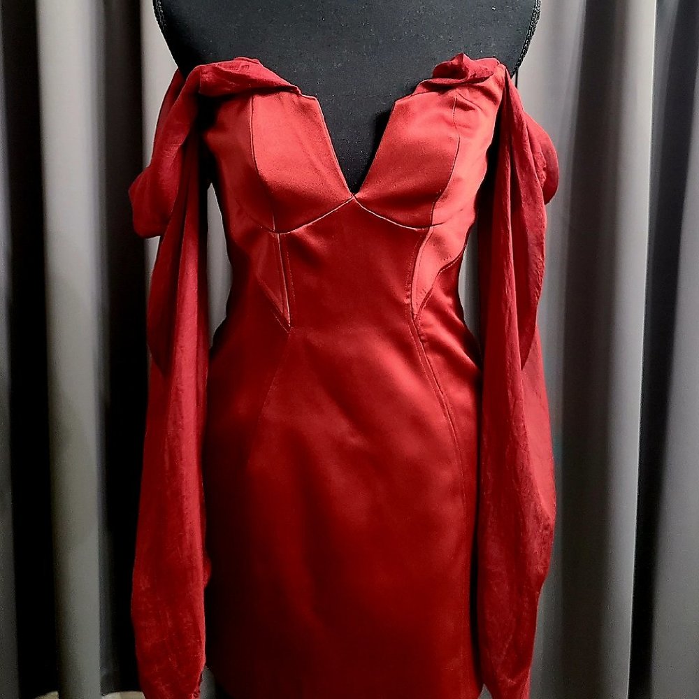 Wine Satin Off Shoulder Draped Sleeve Mini Dress